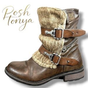 Muk Luks Logan Moto Boots Buckle Knit Brown Size 6 Western Cozy